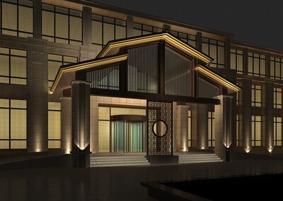 传统与现代的交融 中式建筑夜景下的门头与外立面设计